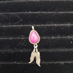 Vintage JL Navajo Sterling Silver 2" Feather Necklace Pendant W/ Pink Stone